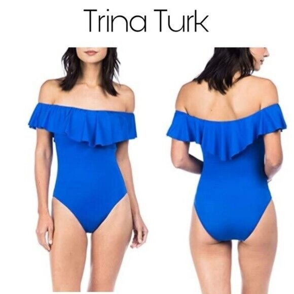 Trina Turk Monaco Solids Off Shoulder Ruffle One Piece Swimsuit 8* 6* Royal Blue - Picture 1 of 8